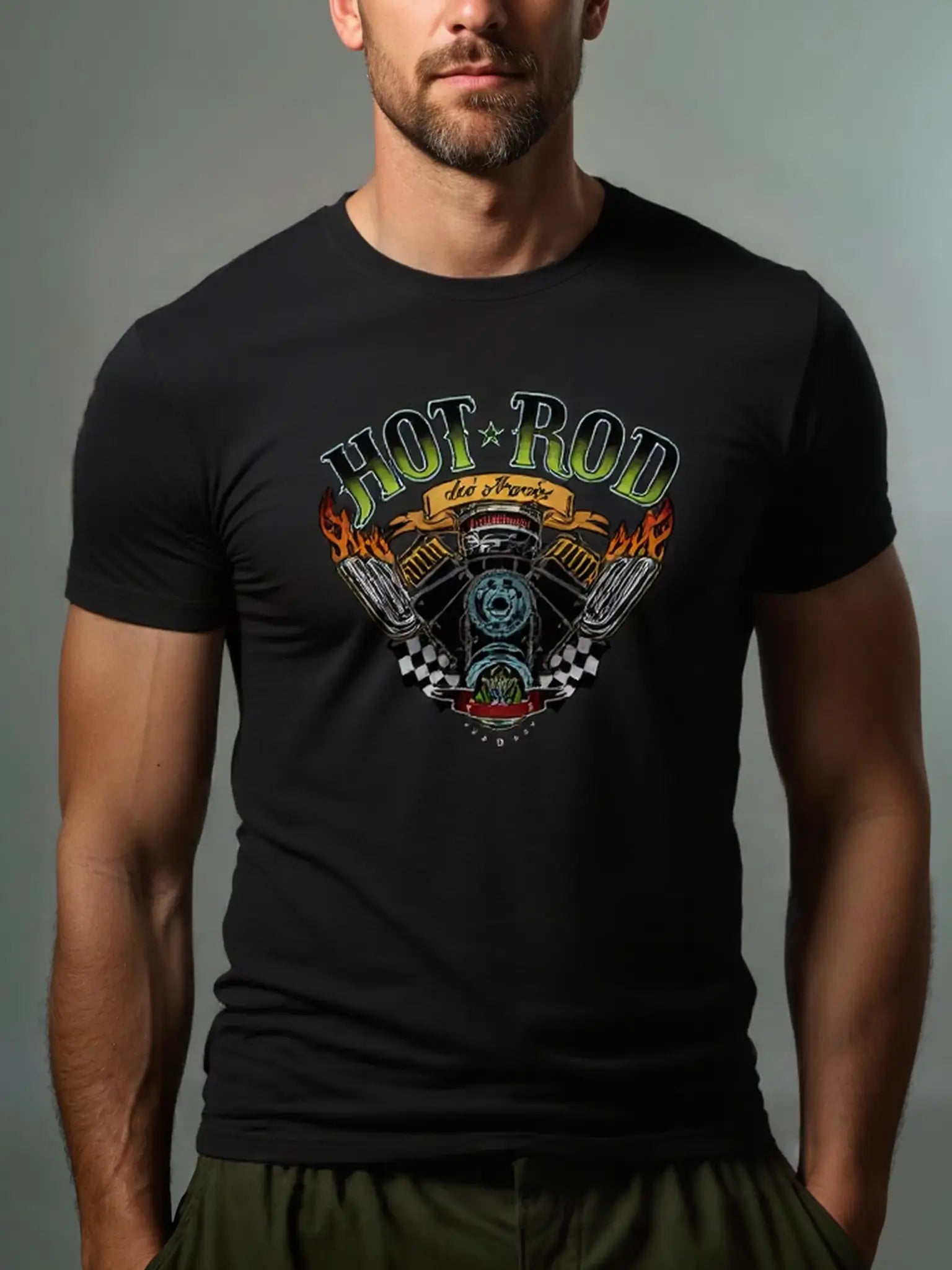 Men's Hot Rod  Basic Cotton Round Neck Short Sleeve T-Shirt Hotrod Meets Muscle Car Design Eleven Oasis