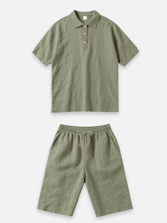 Solid Color Linen Polo Short Sleeve Elastic Waist Set For Men Simple Stylish Shorts Set Eleven Oasis