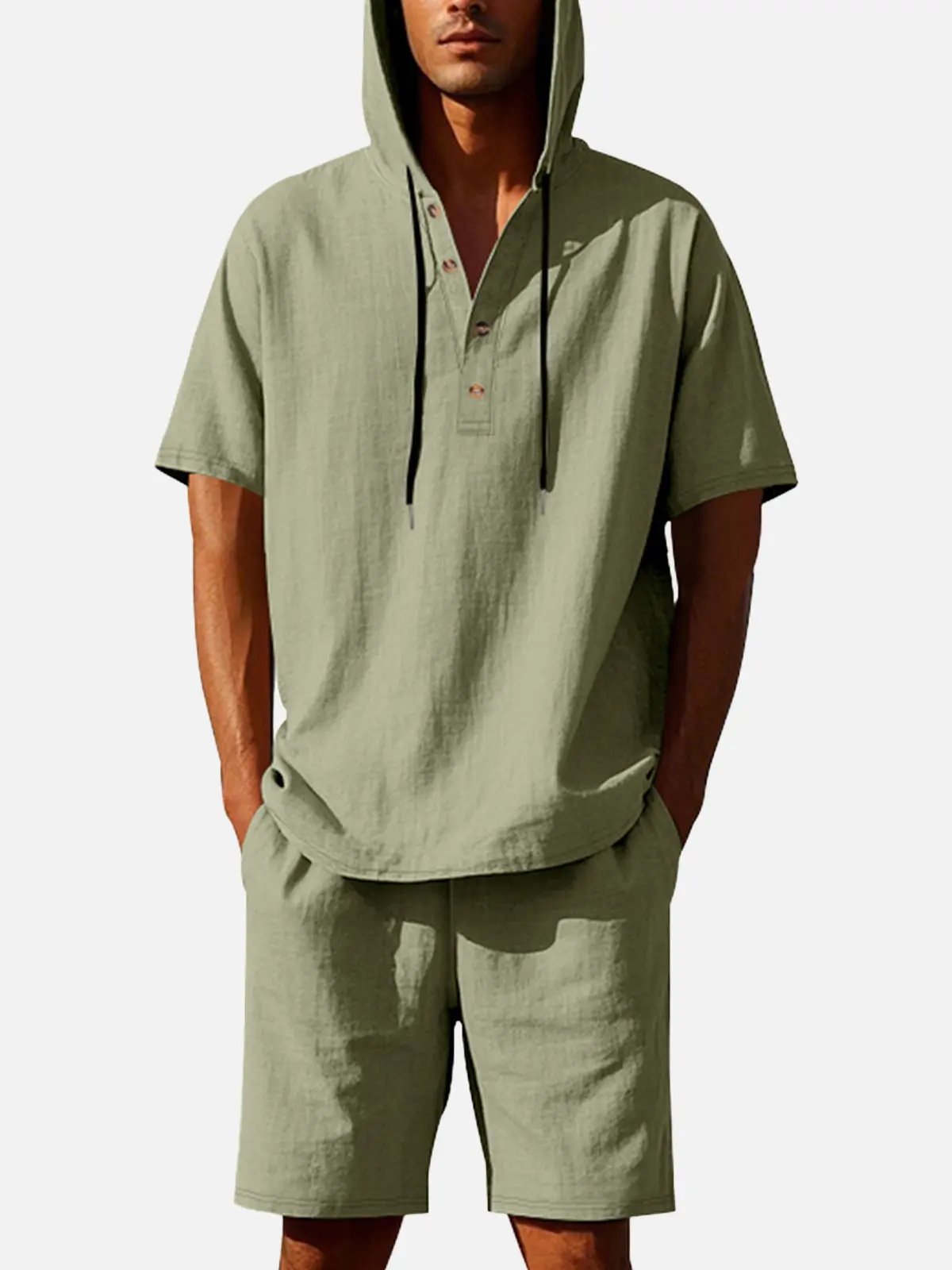 Men's Linen Blend Hooded Short Set Eleven Oasis