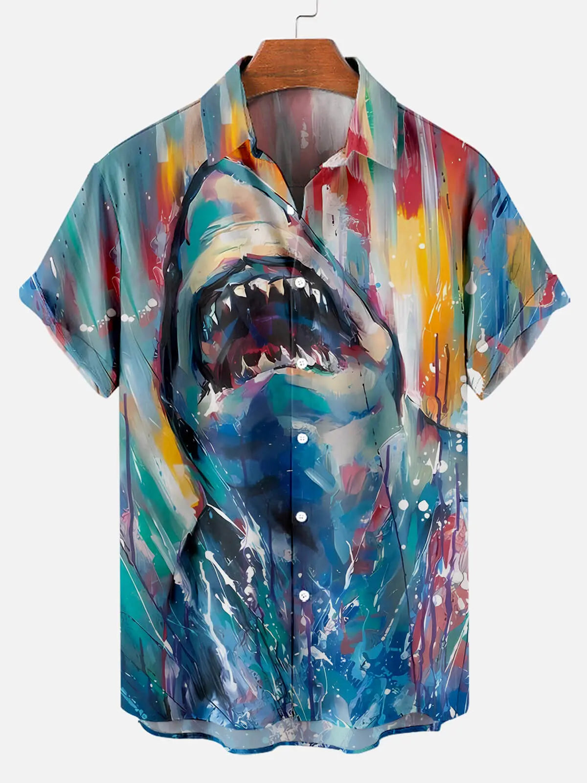 Hawaiian Shark Oil Painting Pattern Men's Short Sleeve TopMens short sleeve shirts Big and tall Mens shirts Short sleeve shirts for men Mens 4xl shirts Casual short sleeve shirts