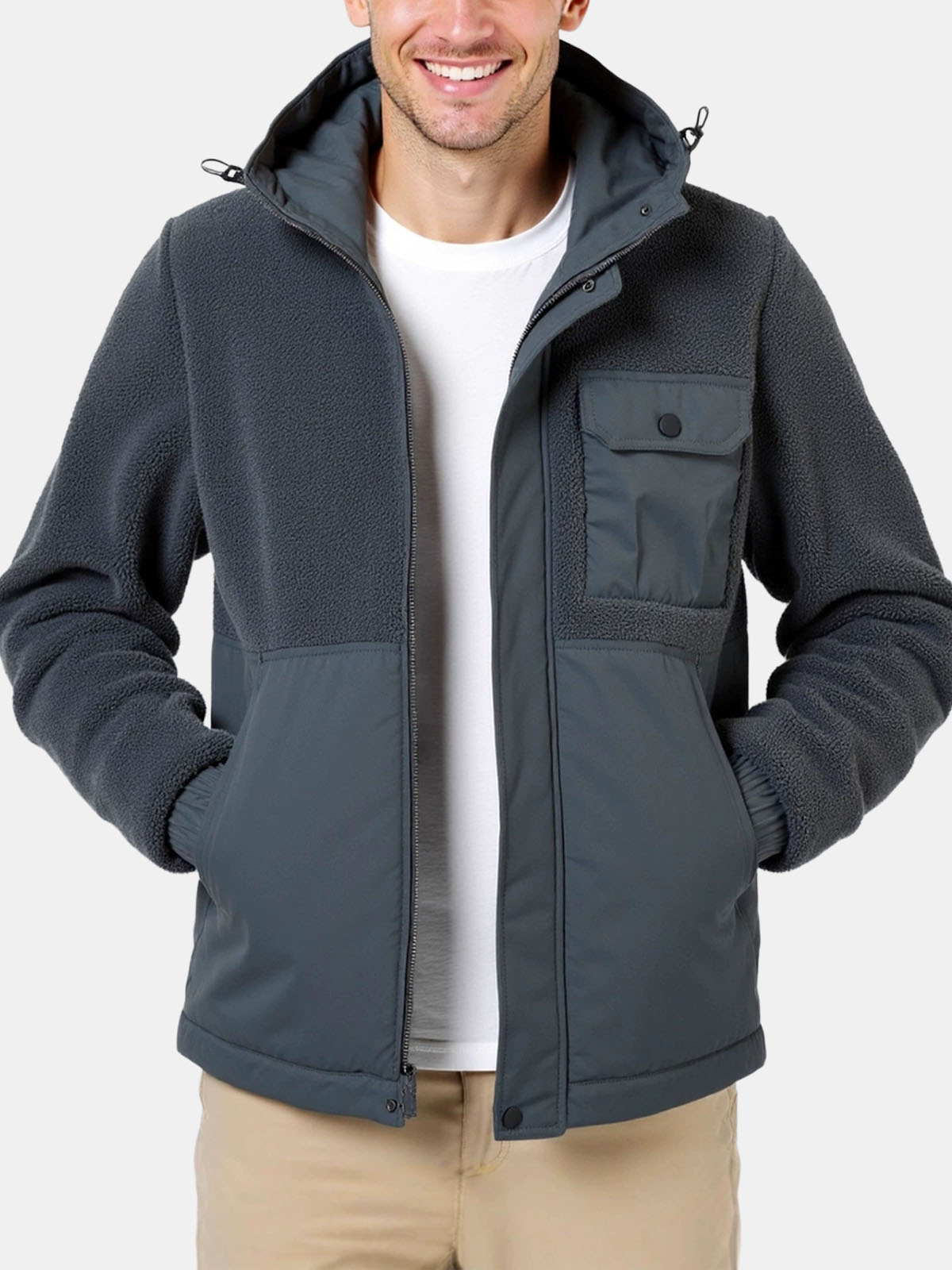 Men's Sherpa-Panel Hooded Puffer Jacket with Chest Pocket Eleven Oasis