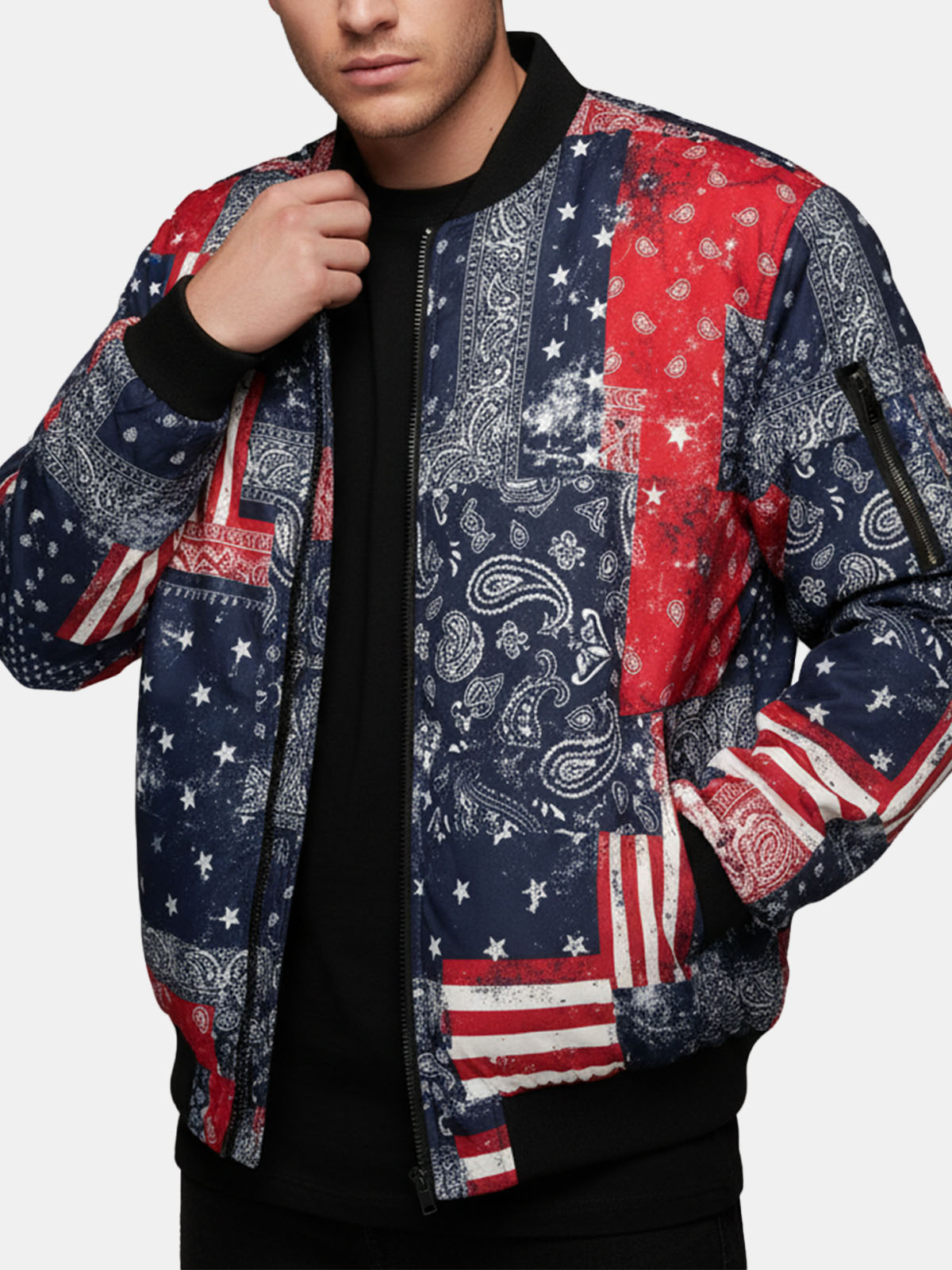 USA Flag Bandana Patchwork Puffer Bomber Jacket ElevenOasis