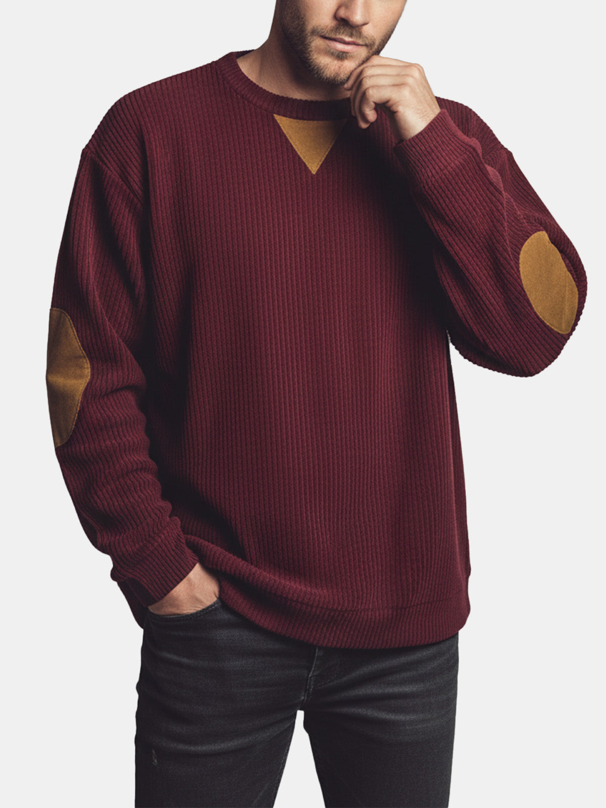 Men's Corduroy Elbow Patch Crew Neck Sweatshirt Eleven Oasis
