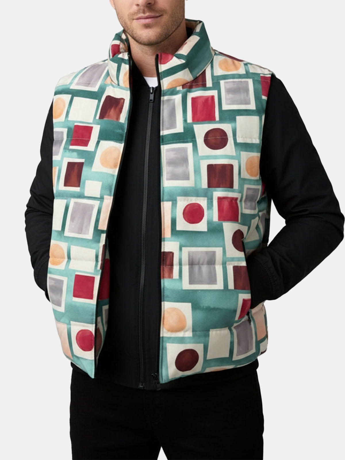 Abstract Geometric Print Puffer Vest ElevenOasis