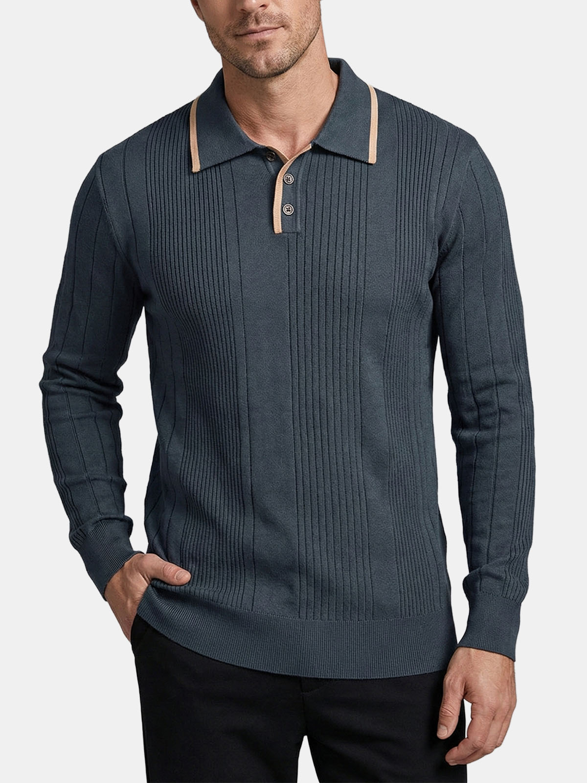 Men's Ribbed Knit Long Sleeve Polo Eleven Oasis