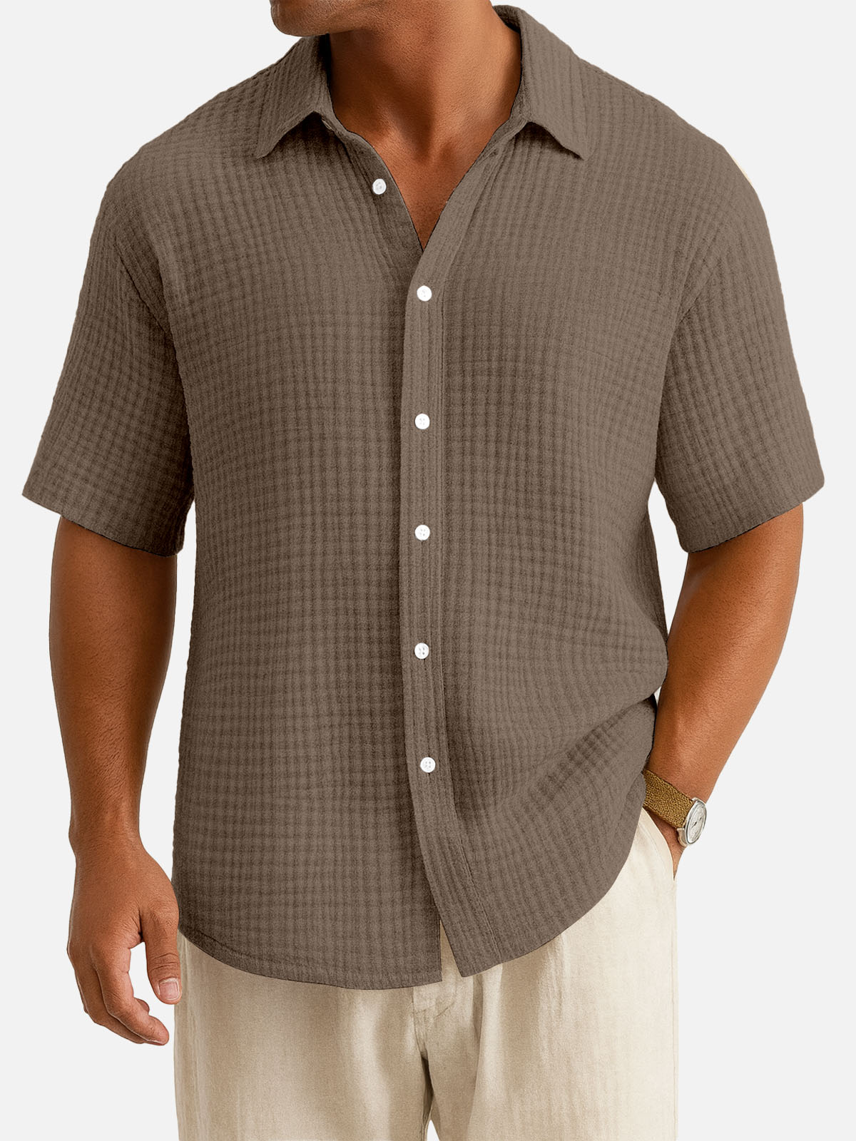 Men¡®s Cotton Waffle Texture Short Sleeve Shirt Eleven Oasis