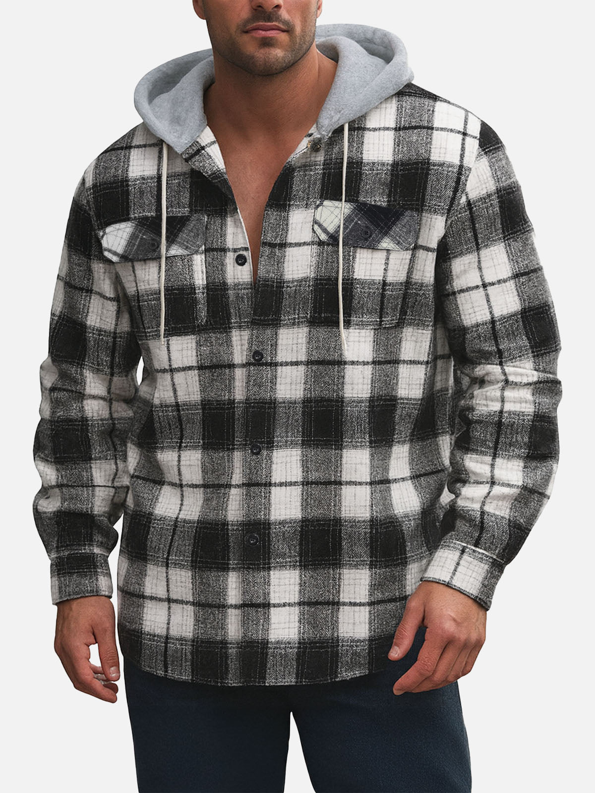 Men's Hooded Plaid Flannel Long Sleeve Shirt Jacket KOLAB