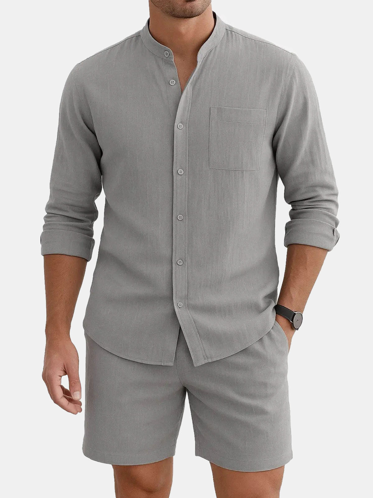 Men's Modern Band Collar Linen Short Set ElevenOasis