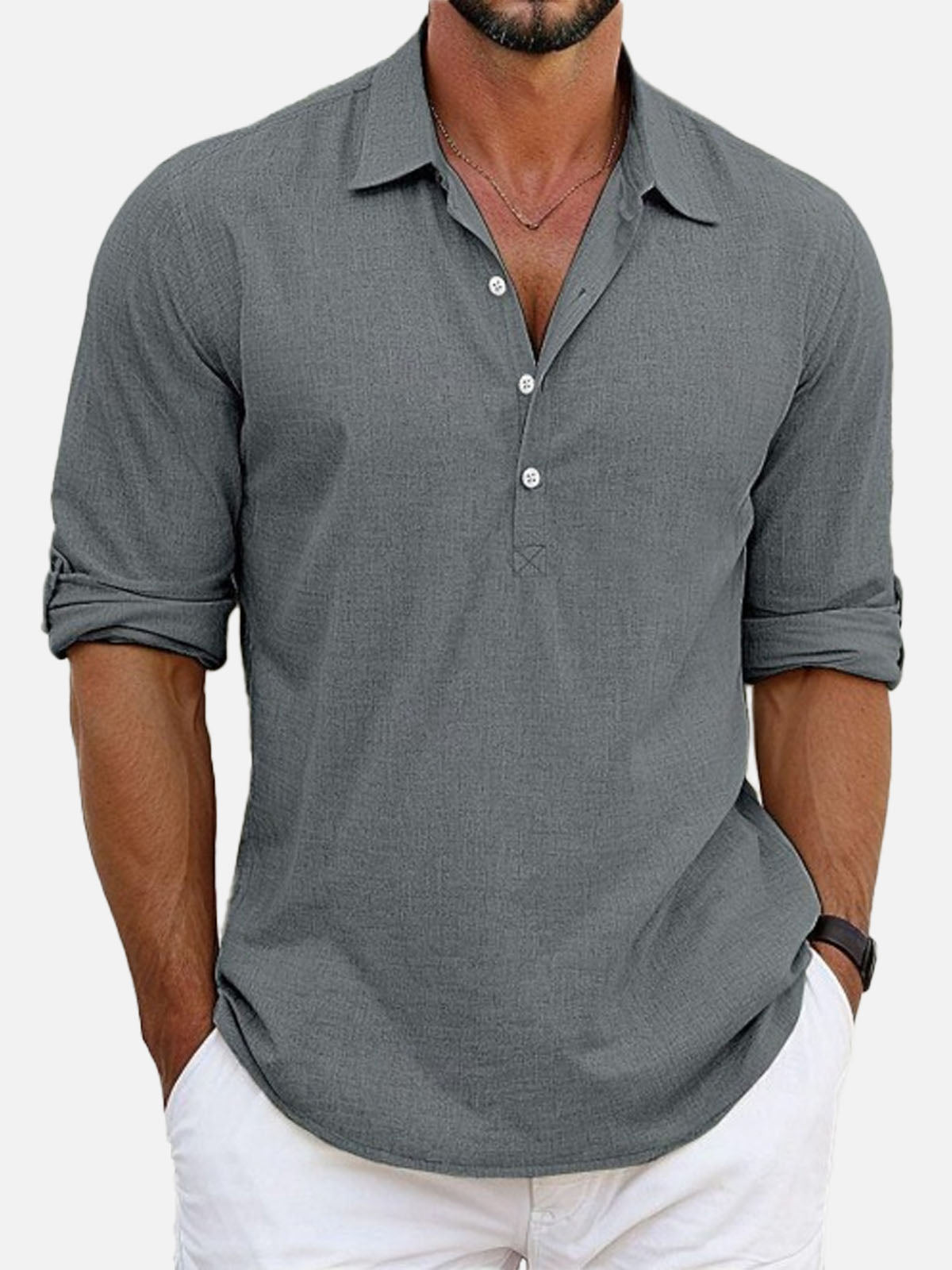 Men's Cotton Stand Collar Long Sleeve Popover Shirt Eleven Oasis