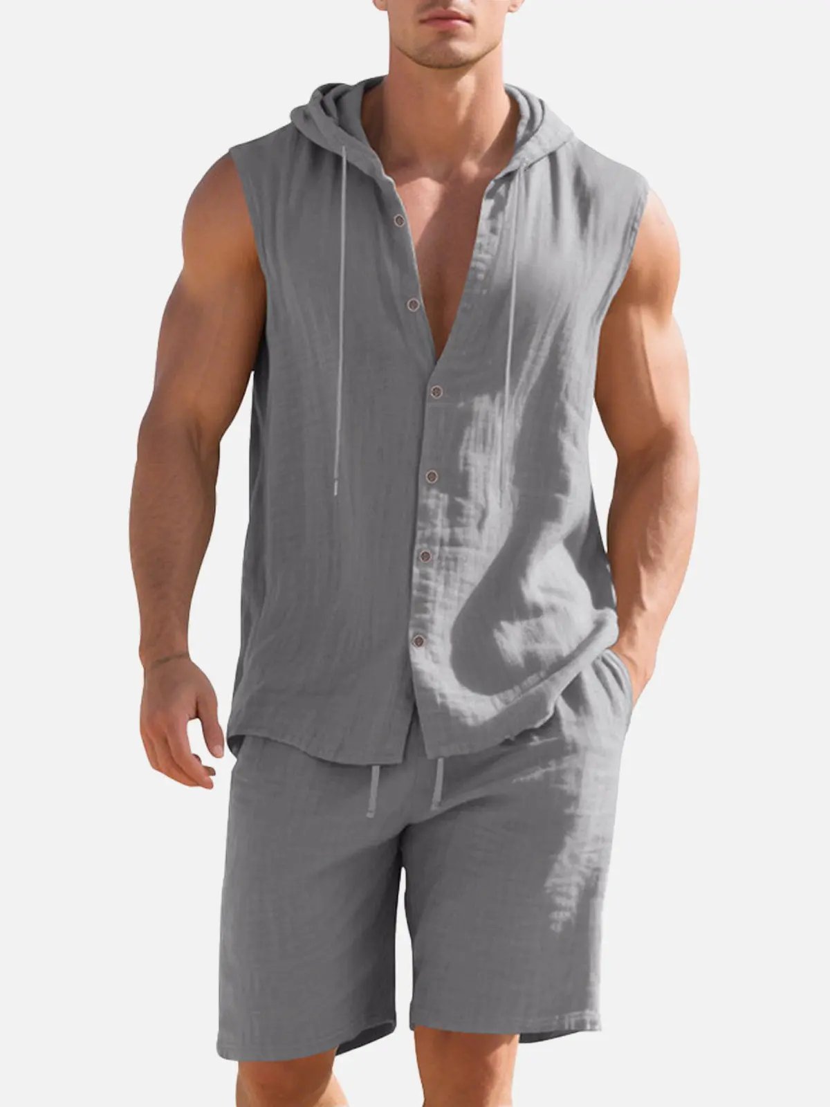 Men's Linen Hooded Sleeveless Matching Set ElevenOasis