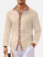 Men's Geometric Trim Linen Blend Long Sleeve Shirt Eleven Oasis