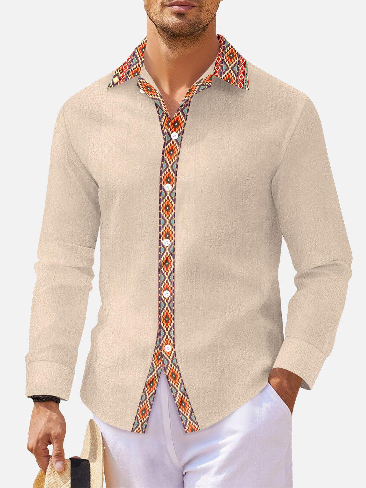 Men's Geometric Trim Linen Blend Long Sleeve Shirt Eleven Oasis