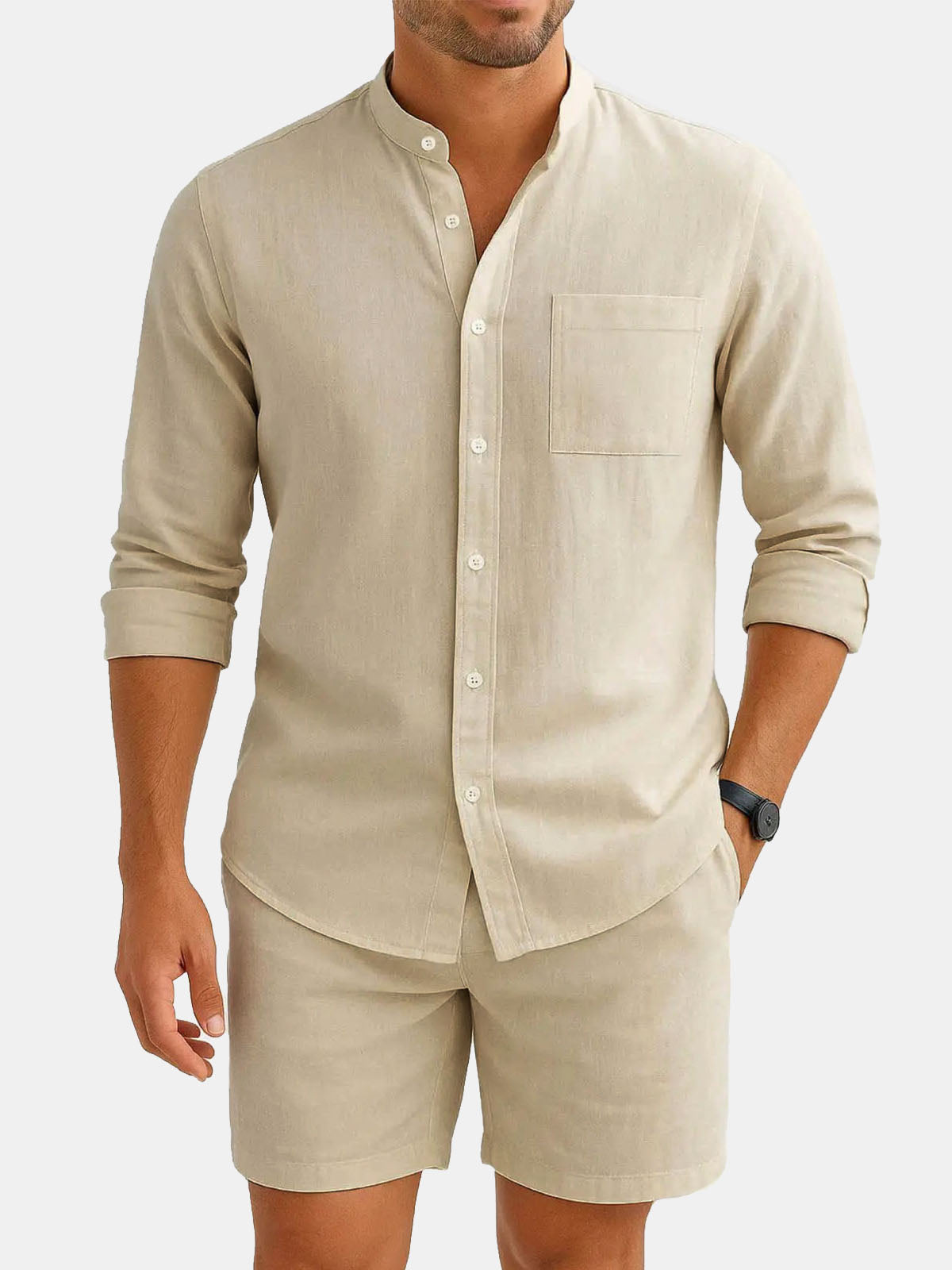 Men's Modern Band Collar Linen Short Set ElevenOasis