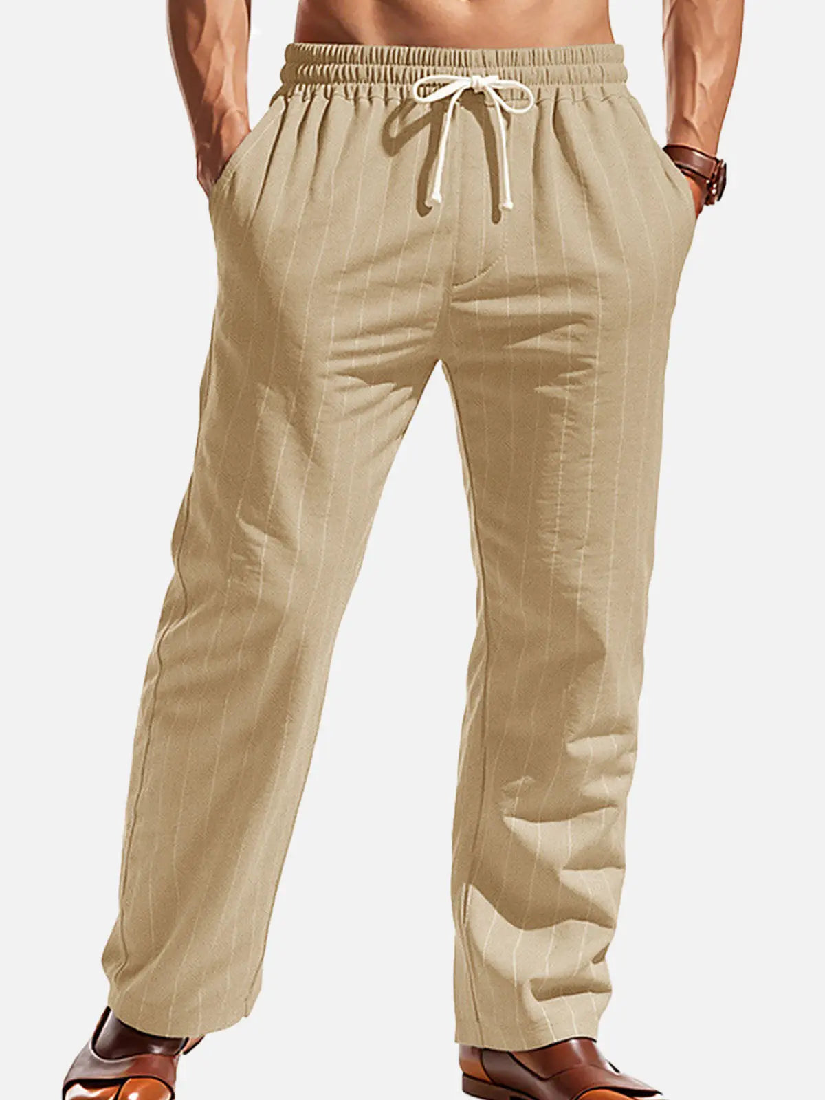 Men's Pinstripe Linen Blend Drawstring Pants ElevenOasis