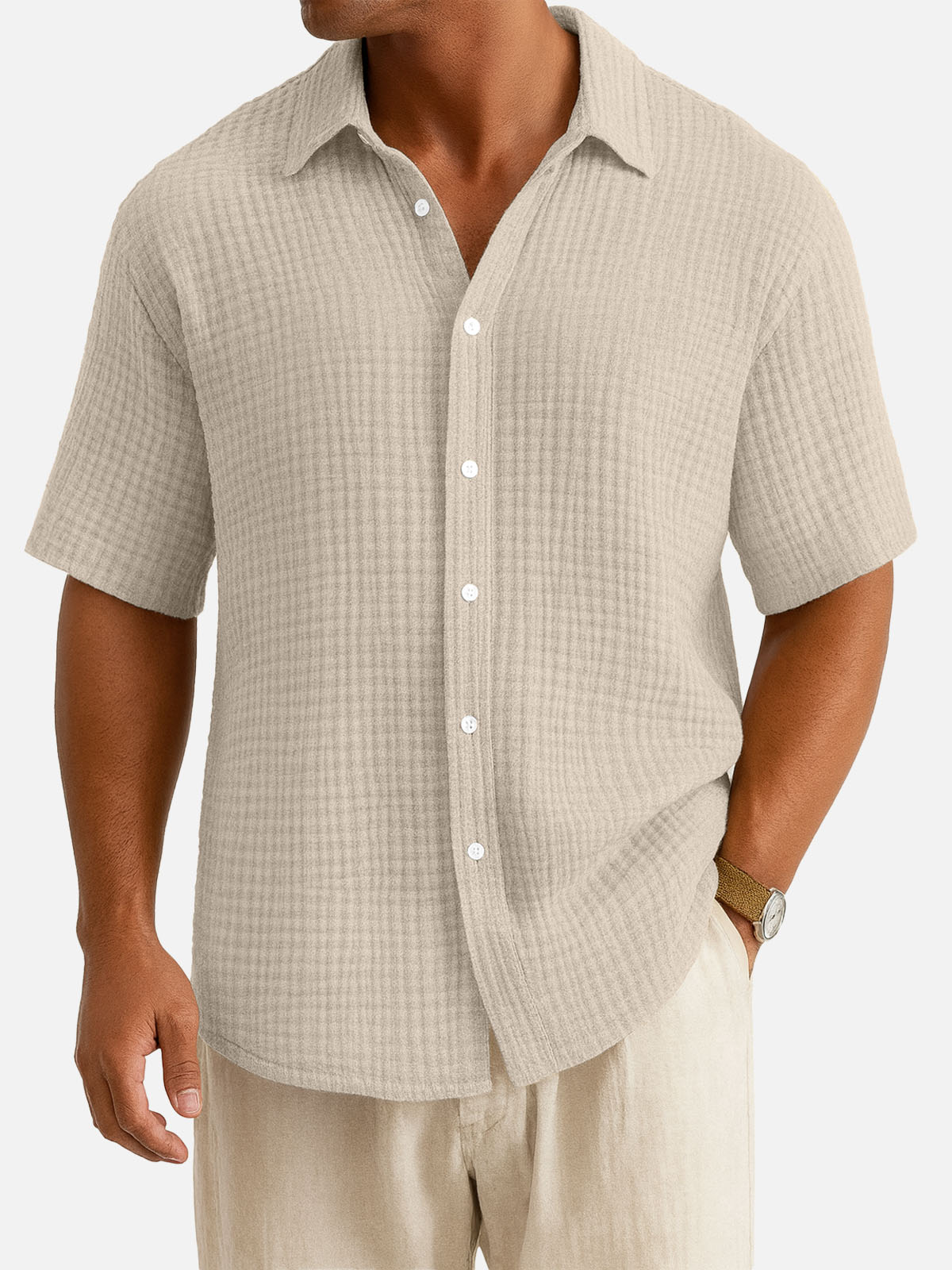 Men¡®s Cotton Waffle Texture Short Sleeve Shirt Eleven Oasis