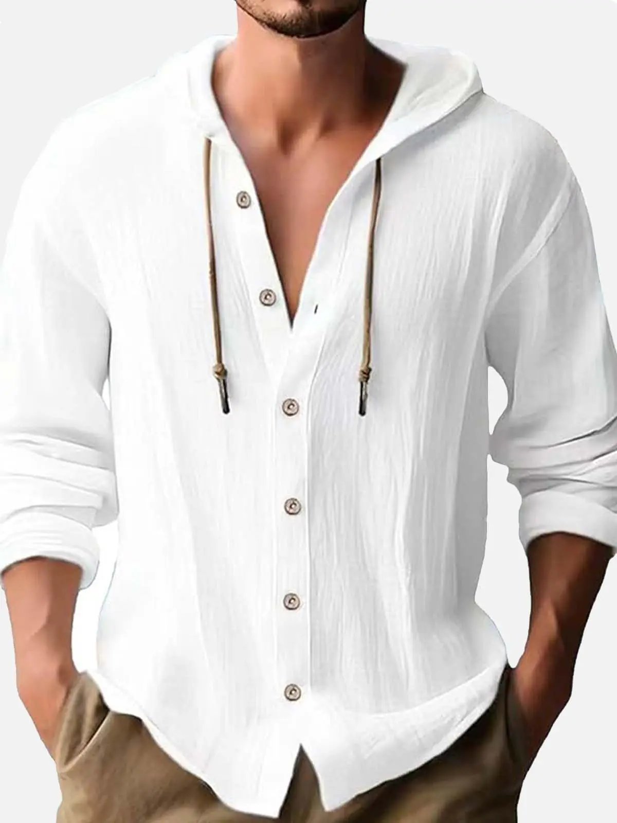 Men's Linen Blend Hooded Long Sleeve Shirt ElevenOasis