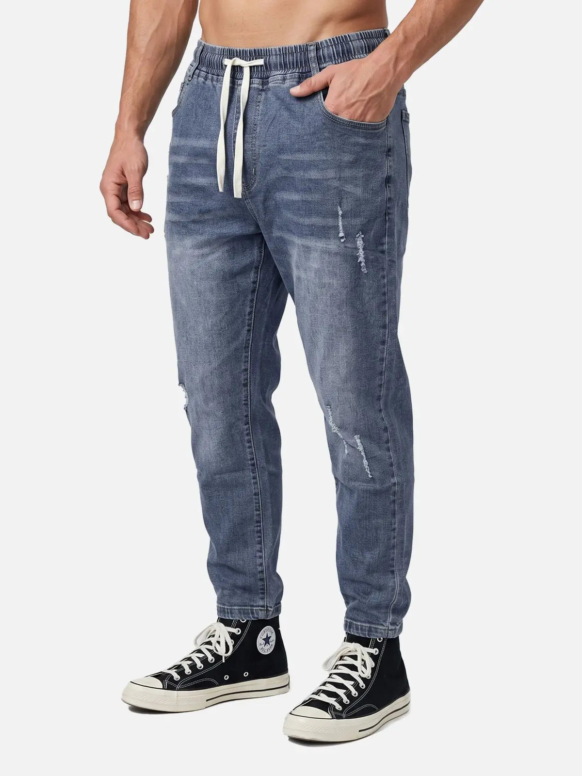 Men's Distressed Wash Drawstring Tapered Denim Pants ElevenOasis