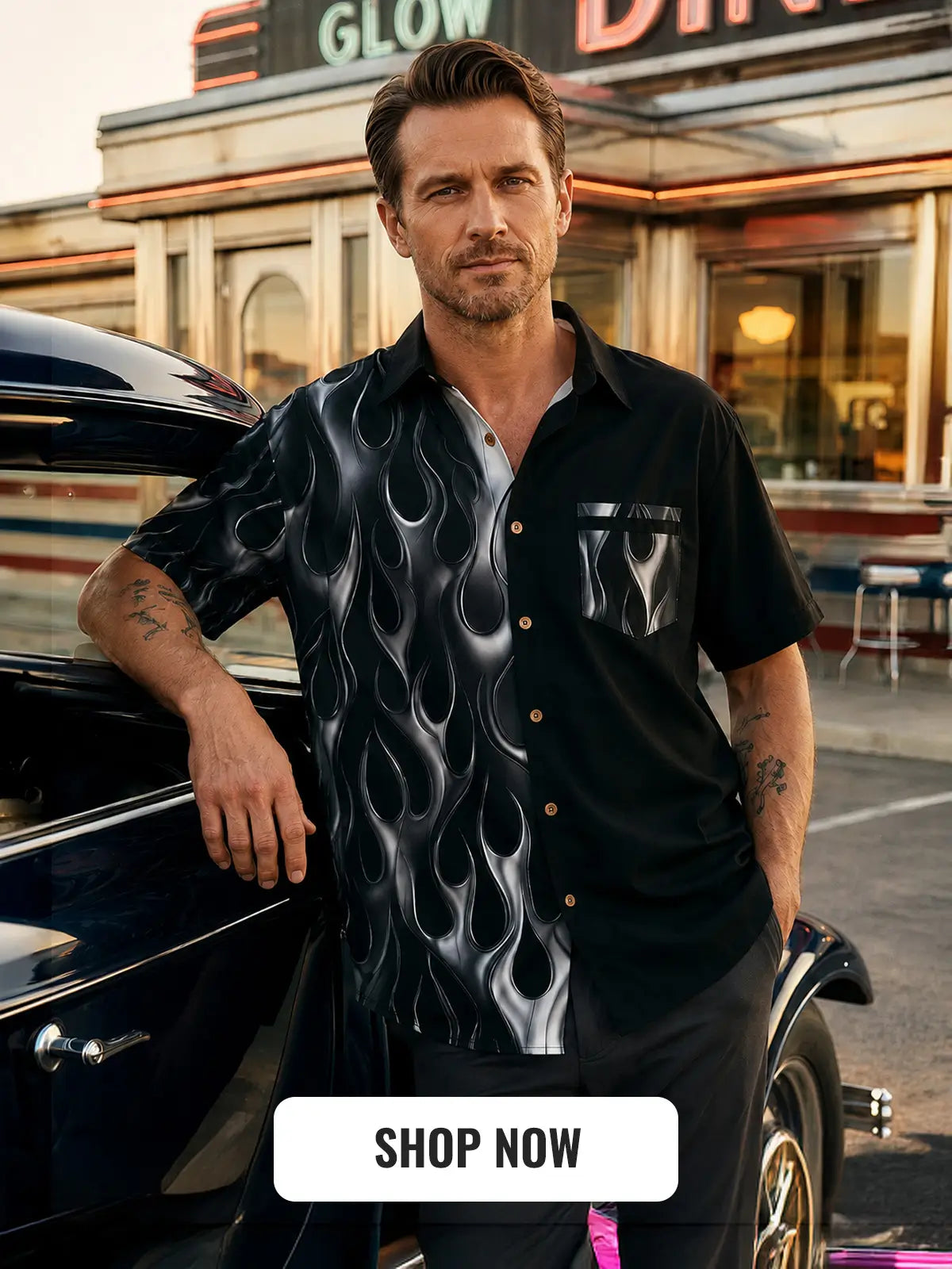 女王蜂　HIGH FLAME SHIRT Men's Chinese Dragon Neon Flames Short Sleeve Shirt | Eleven Oasis