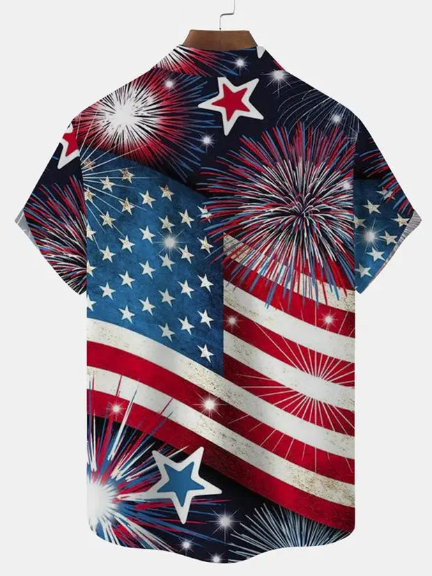 Flag And Fireworks Man Pattern Men's Short Sleeve TopMens short sleeve shirts Big and tall Mens shirts Short sleeve shirts for men Mens 4xl shirts Casual short sleeve shirts
