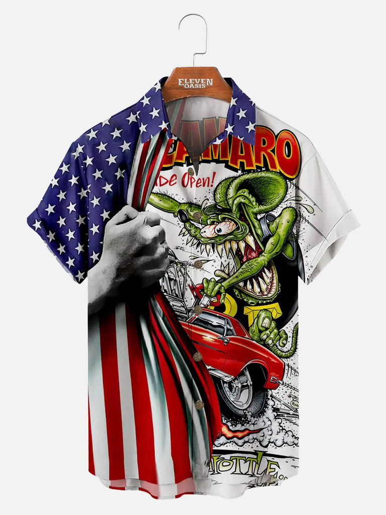 Vintage Car Under The Flag Men's Short Sleeve Tops ElevenOasis