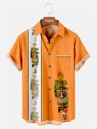 Men's Hawaiian Tiki Print Bowling Casual Short Sleeve Shirt with Chest Pocket Eleven Oasis