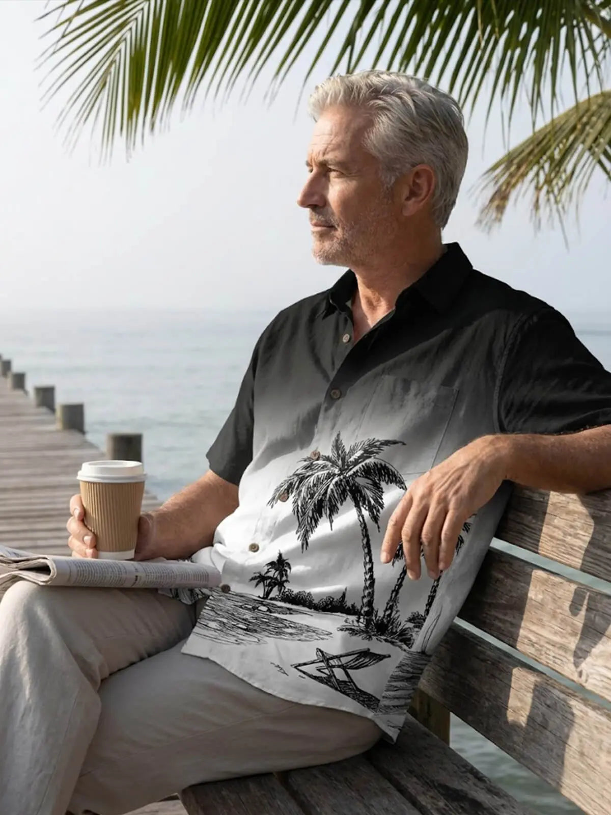 Men's Black & Whire Shore Sketch Short Sleeve Shirt Eleven Oasis