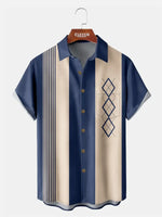 Casual Art Collection Geometric Stripes Color Block Bowling Pattern Lapel Short Sleeve Shirt Print Top ElevenOasis