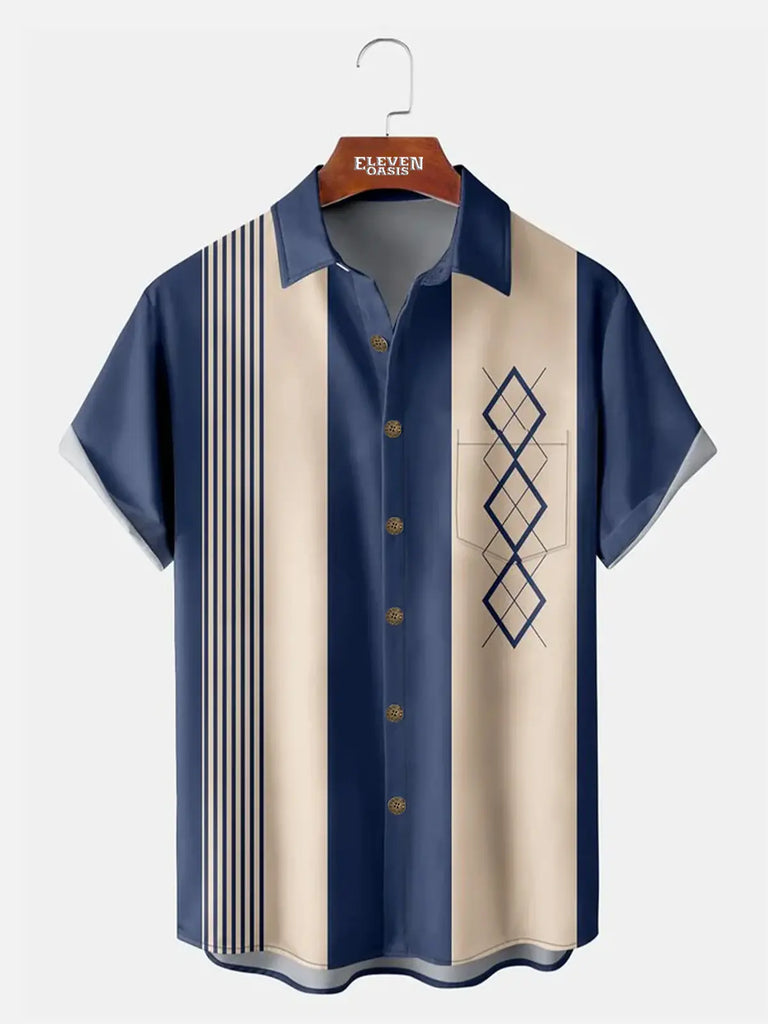 Casual Art Collection Geometric Stripes Color Block Bowling Pattern Lapel Short Sleeve Shirt Print Top ElevenOasis