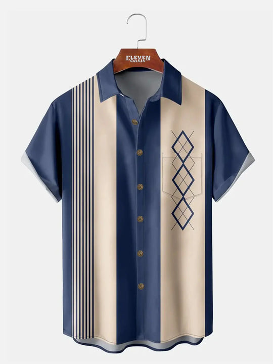 Casual Art Collection Geometric Stripes Color Block Bowling Pattern Lapel Short Sleeve Shirt Print Top ElevenOasis