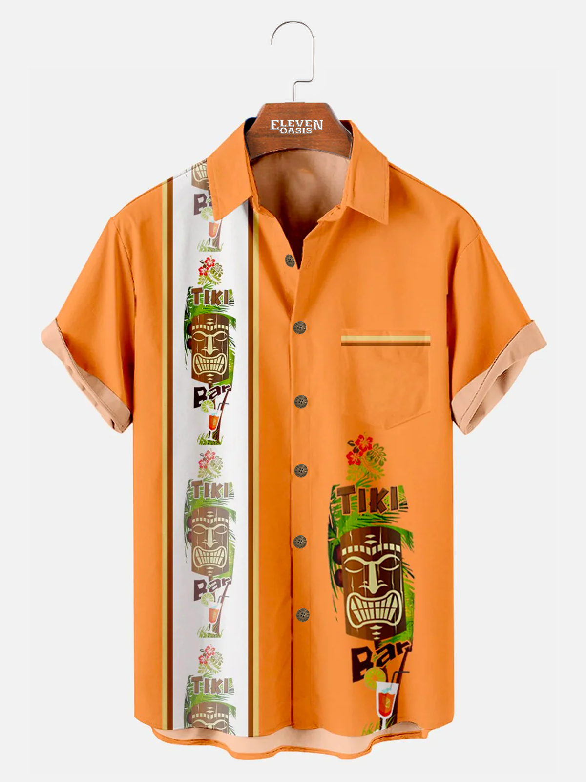 Tall Men's Hawaiian Tiki Print Bowling Casual Short Sleeve Shirt with Chest Pocket Eleven Oasis