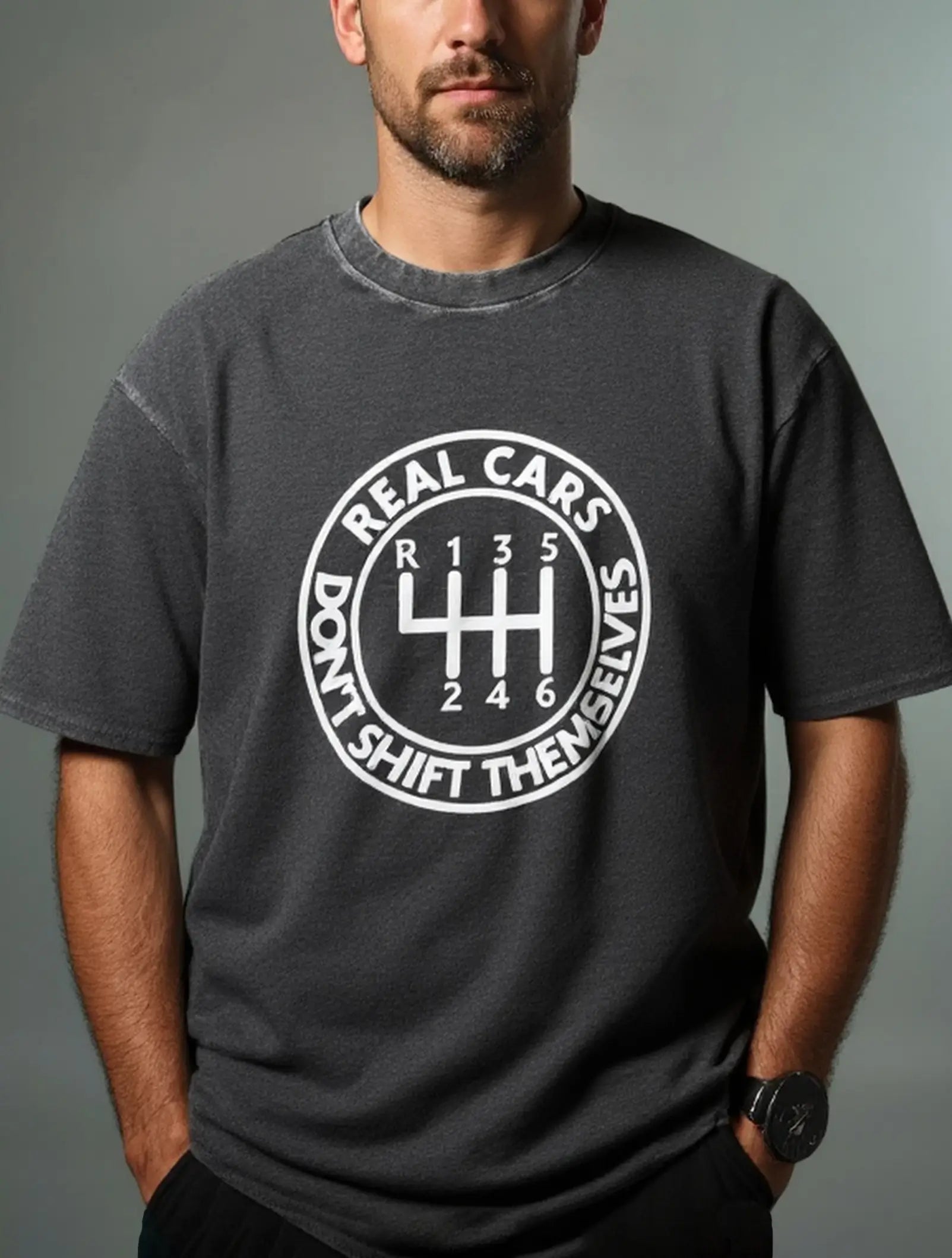 Men's Slogan Design Cotton Round Neck Short Sleeve T-Shirt Real Cars Don’t Shift Themselves Eleven Oasis
