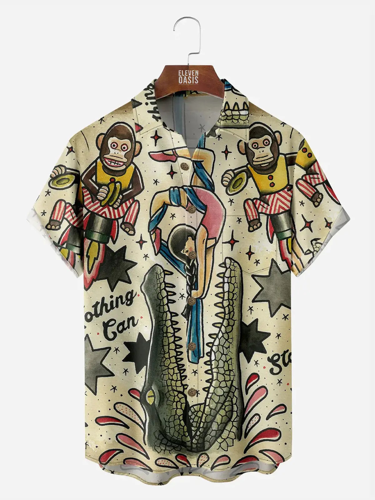 Men's Vintage Circus Print with Crocodile and Monkey Short Sleeve Casual ShirtMens short sleeve shirts Big and tall Mens shirts Short sleeve shirts for men Mens 4xl shirts Casual short sleeve shirts