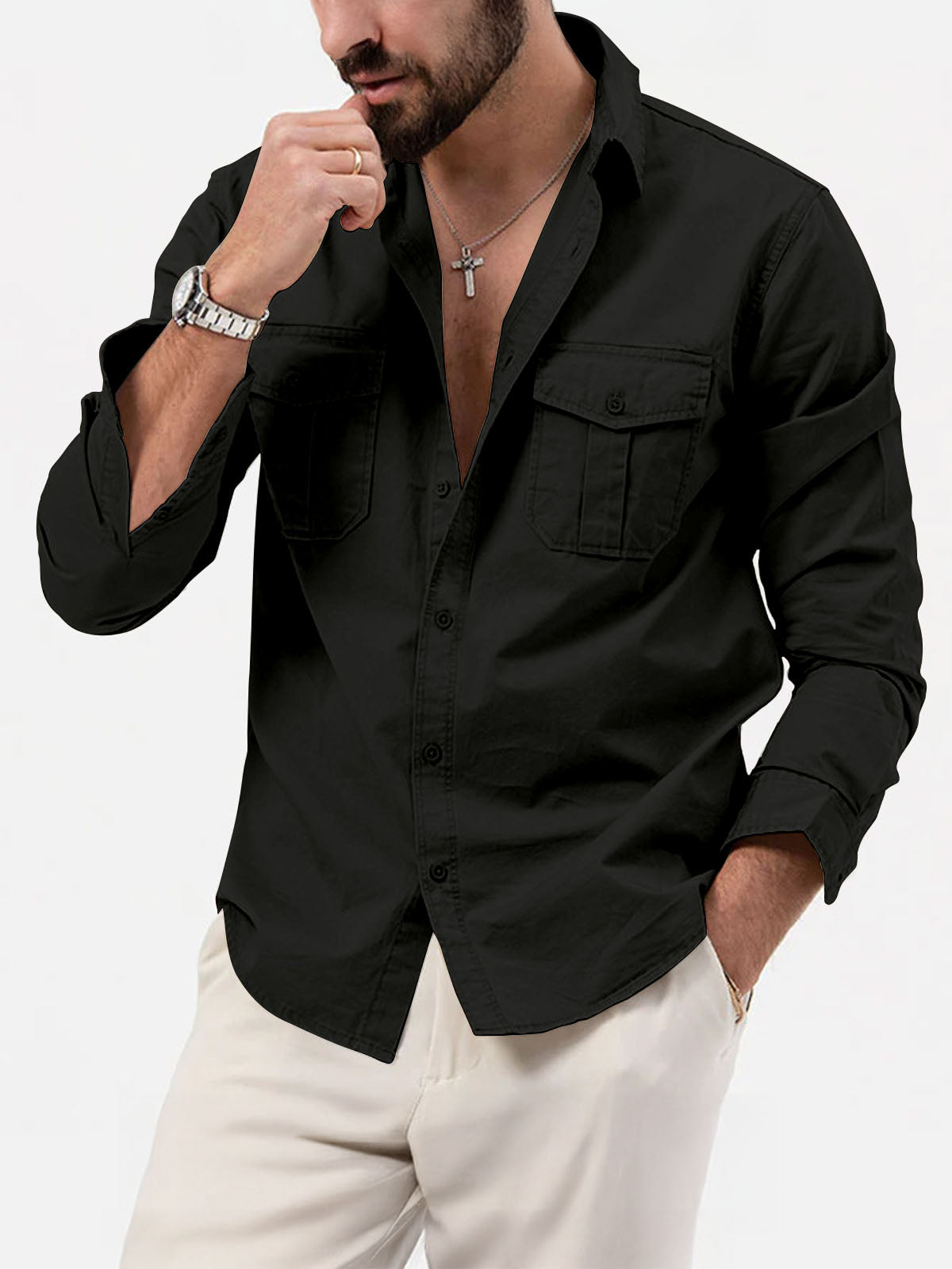 Men¡¯s Utility Pocket Long Sleeve Shirt Eleven Oasis