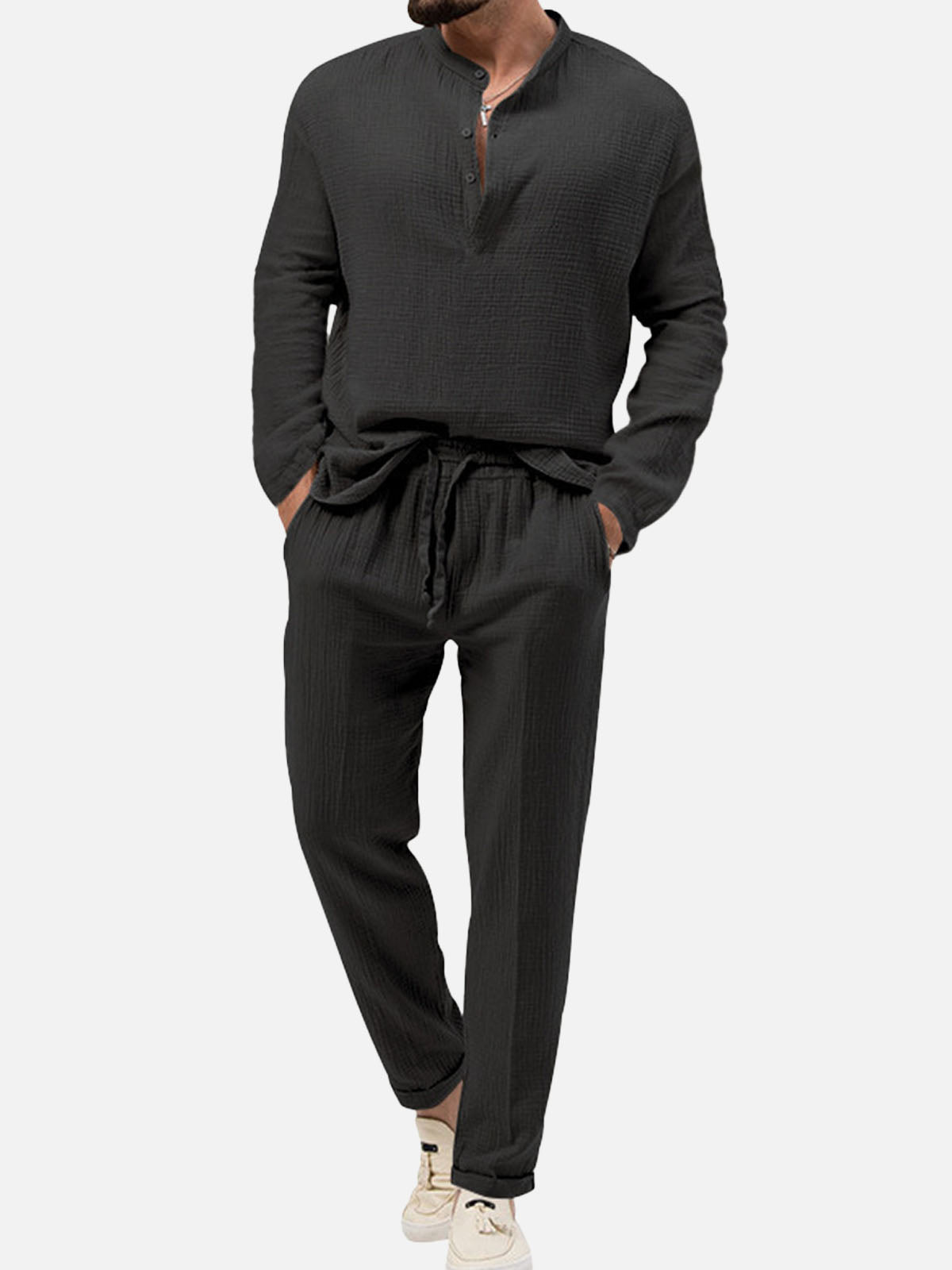 Men's Solid Color Stand Up Collar Long Sleeve Elastic Waist Set Casual Loungewear Eleven Oasis