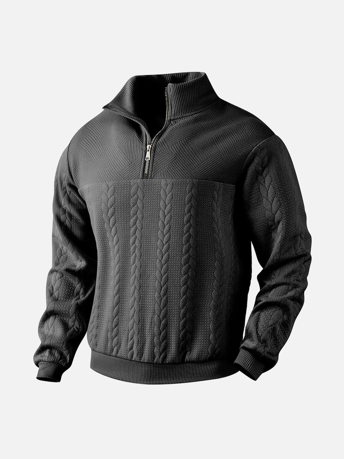 Men's Black Quarter-Zip Textured Pullover Sweatshirt Eleven Oasis