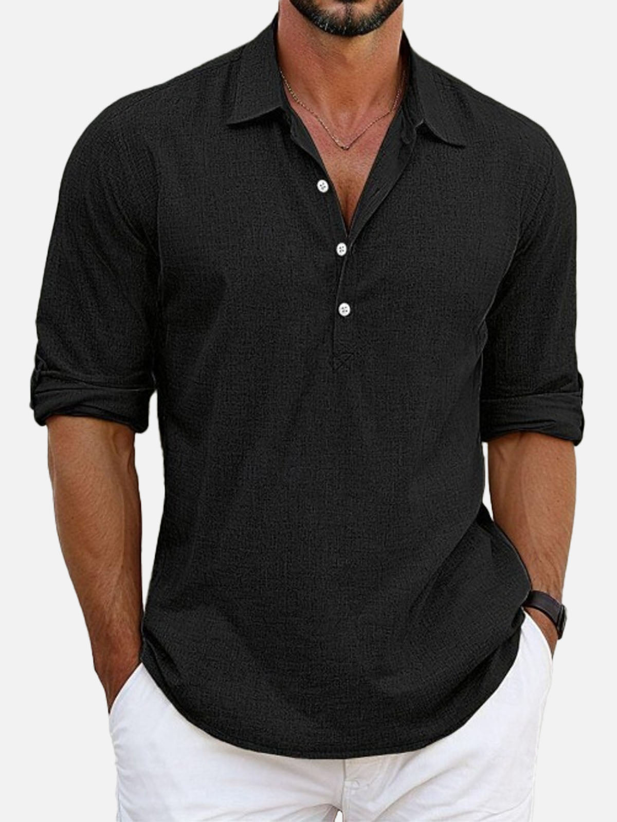 Men's Cotton Stand Collar Long Sleeve Popover Shirt Eleven Oasis