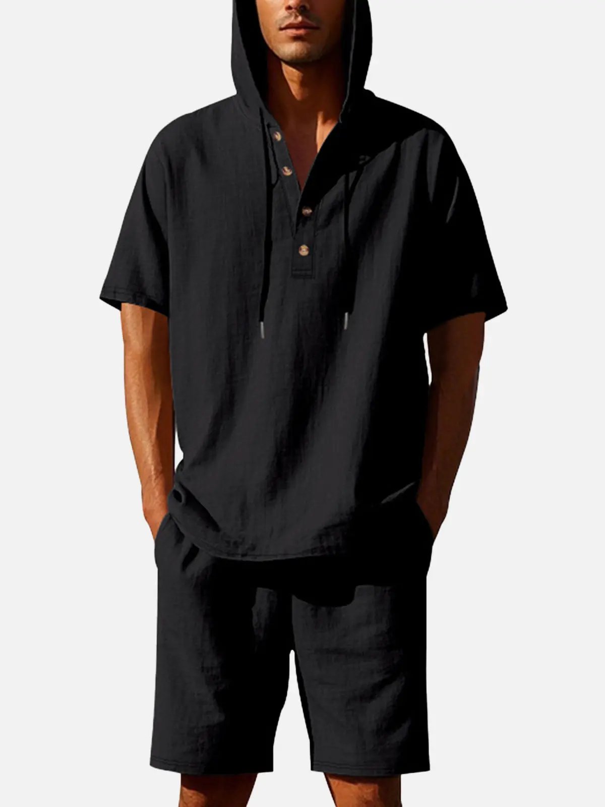 Men's Linen Blend Hooded Short Set Eleven Oasis