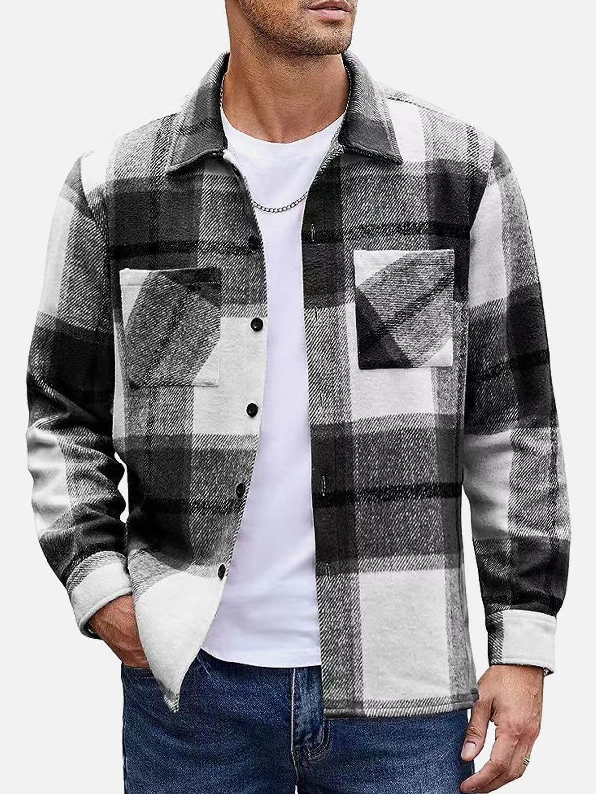 Men's Warm Plaid Button-Up Long Sleeve Shirt Jacket Eleven Oasis
