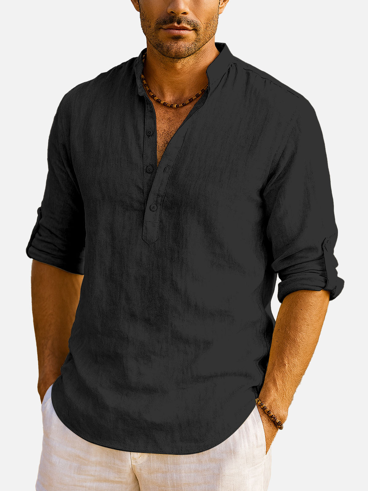 Men's Cotton Stand Collar Long Sleeve Shirt Eleven Oasis