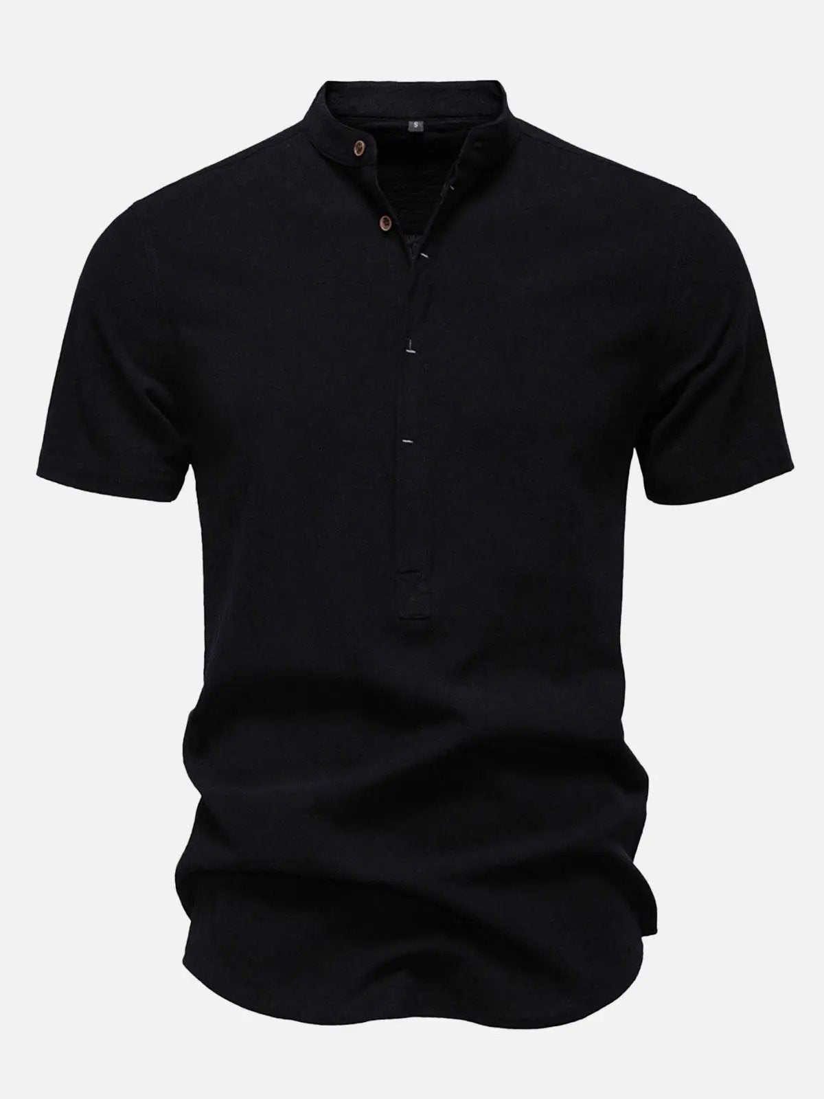 Men's Cotton Linen Band Collar Short Sleeve Shirt ElevenOasis