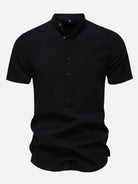 Men's Cotton Linen Band Collar Short Sleeve Shirt ElevenOasis