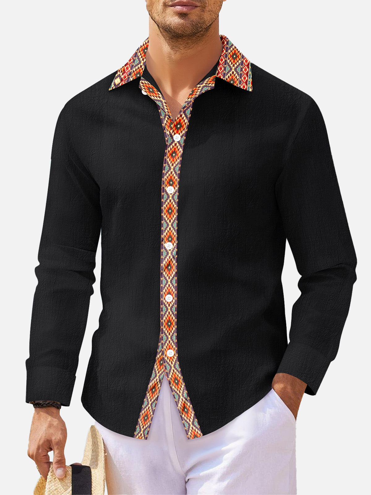 Men's Geometric Trim Linen Blend Long Sleeve Shirt Eleven Oasis