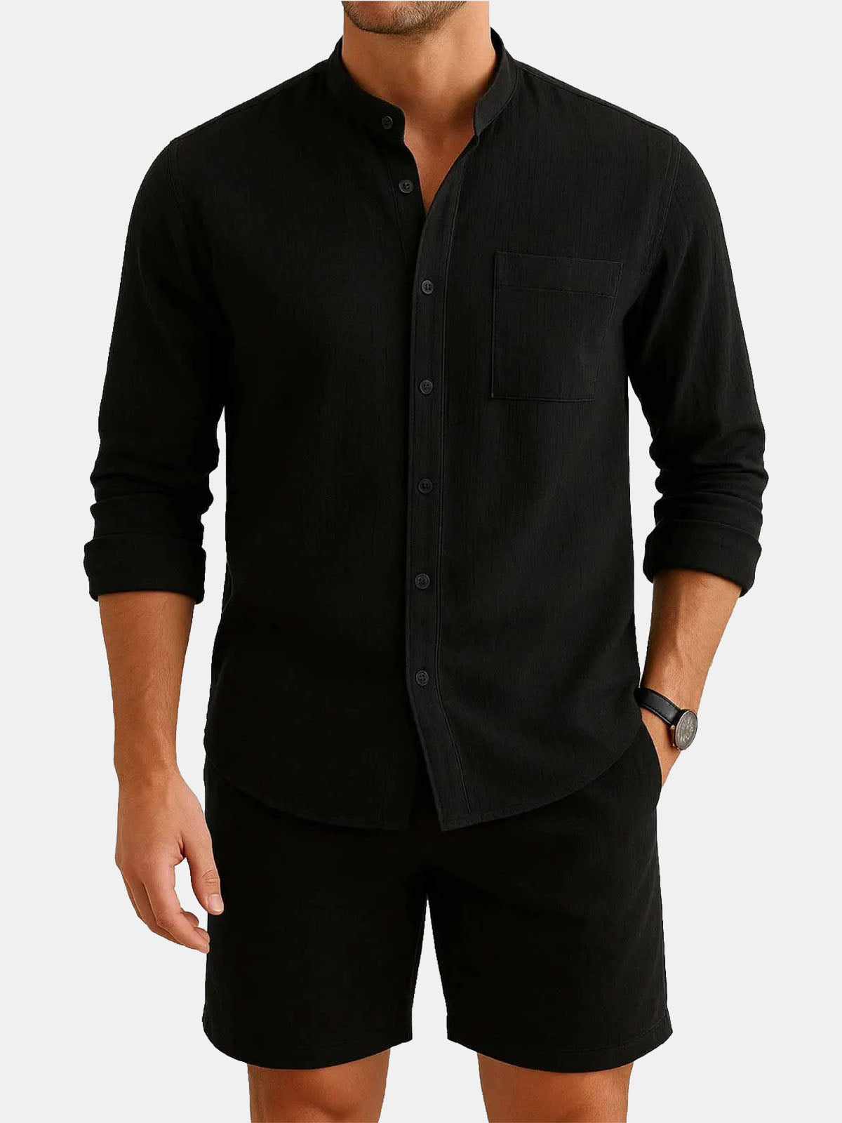 Men's Modern Band Collar Linen Short Set ElevenOasis