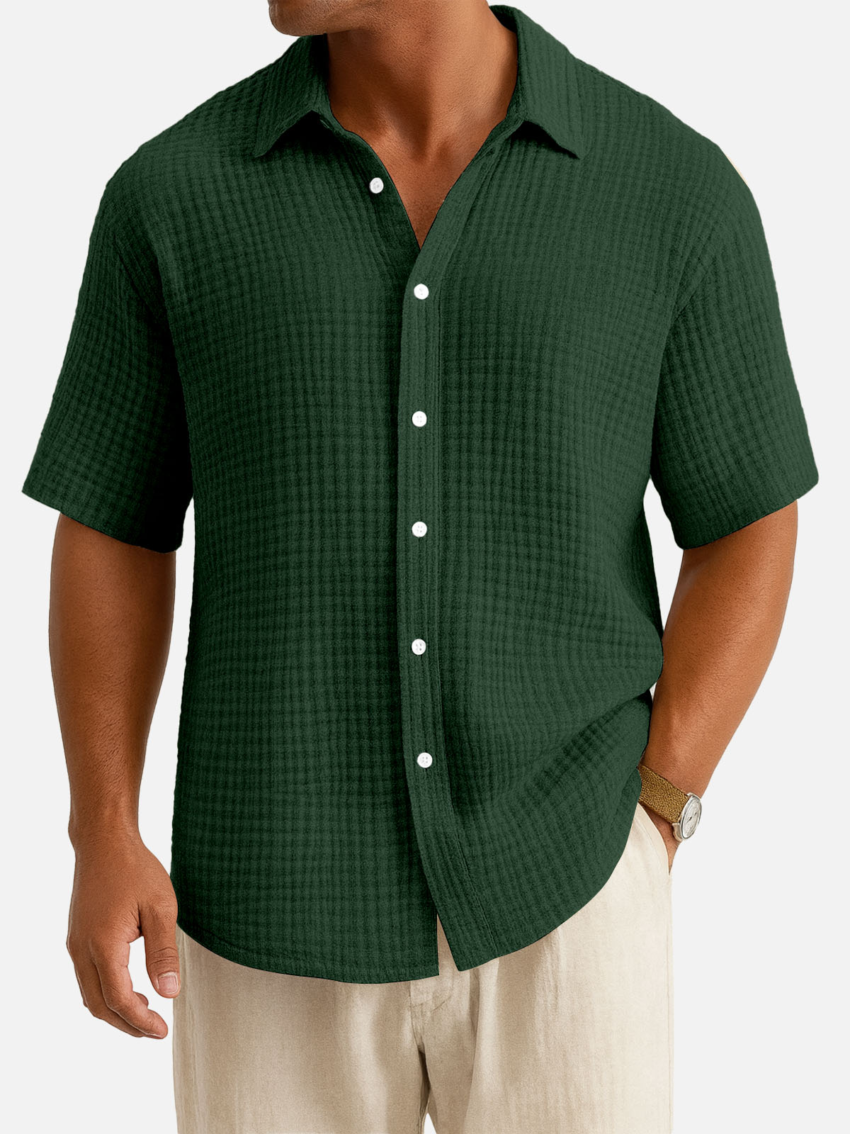 Men¡®s Cotton Waffle Texture Short Sleeve Shirt Eleven Oasis
