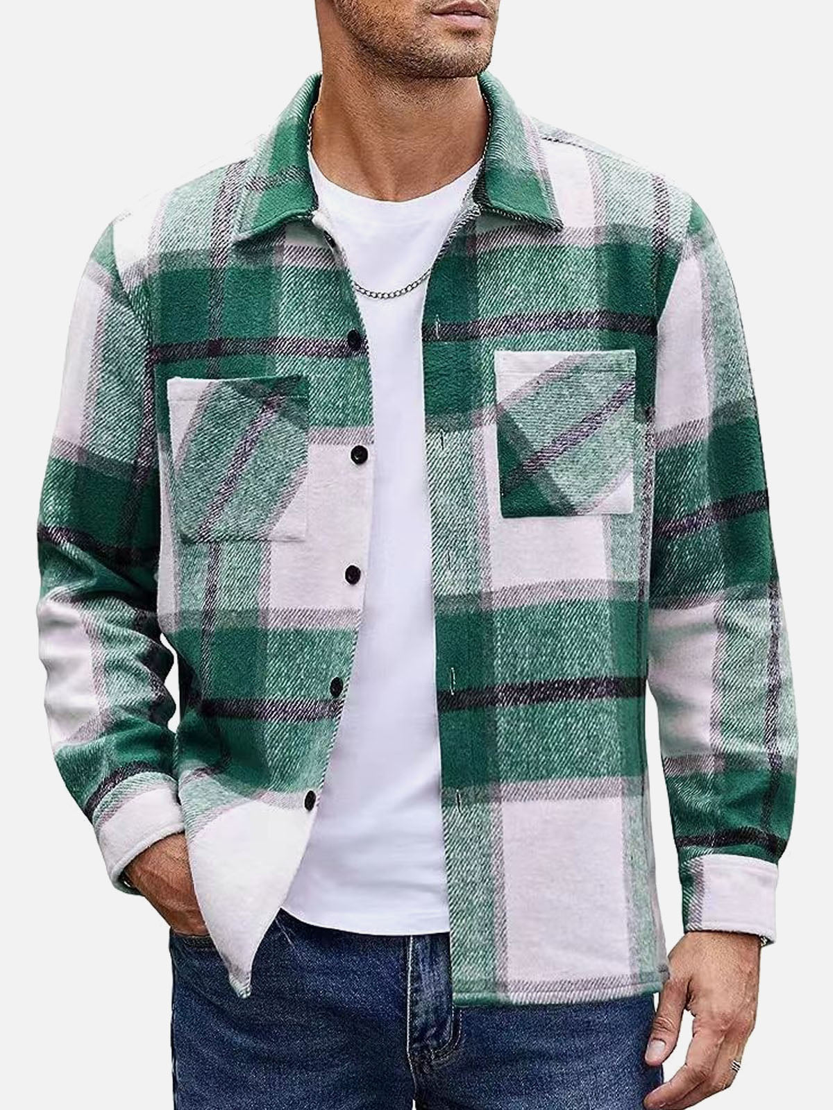 Men's Warm Plaid Button-Up Long Sleeve Shirt Jacket Eleven Oasis