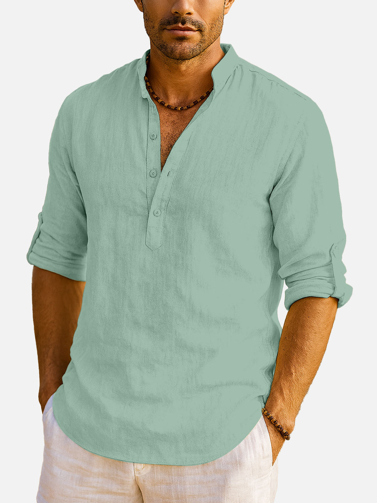Men's Cotton Stand Collar Long Sleeve Shirt Eleven Oasis