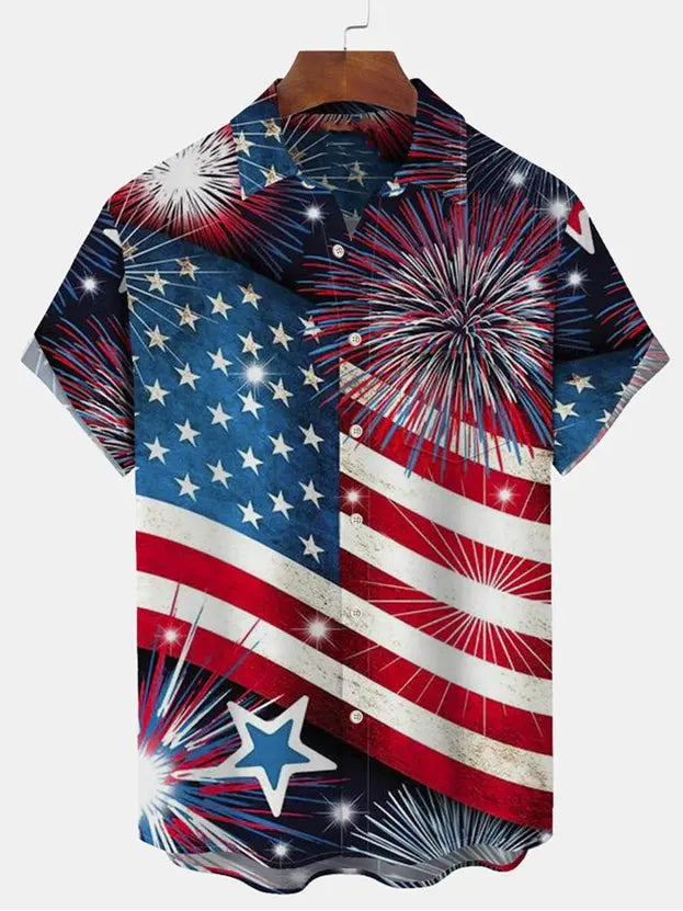 Flag And Fireworks Man Pattern Men's Short Sleeve TopMens short sleeve shirts Big and tall Mens shirts Short sleeve shirts for men Mens 4xl shirts Casual short sleeve shirts