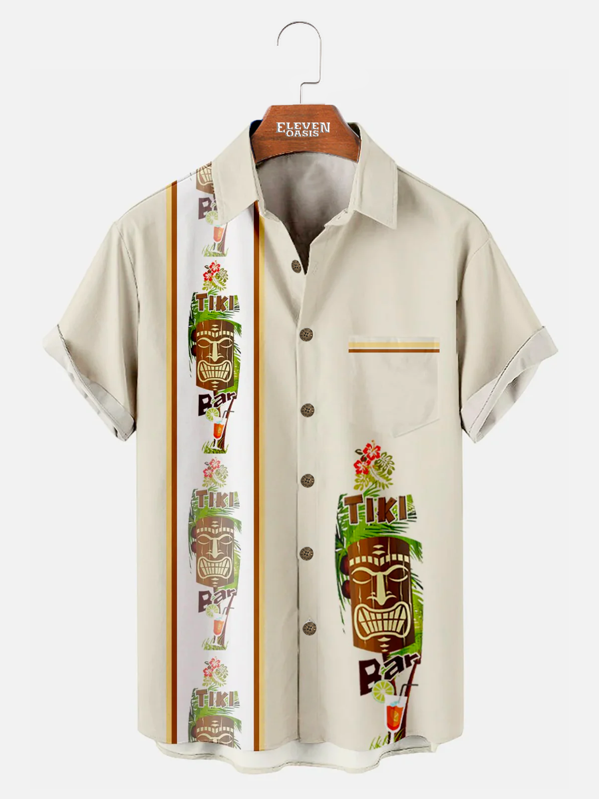 Tall Men's Hawaiian Tiki Print Bowling Casual Short Sleeve Shirt with Chest Pocket Eleven Oasis