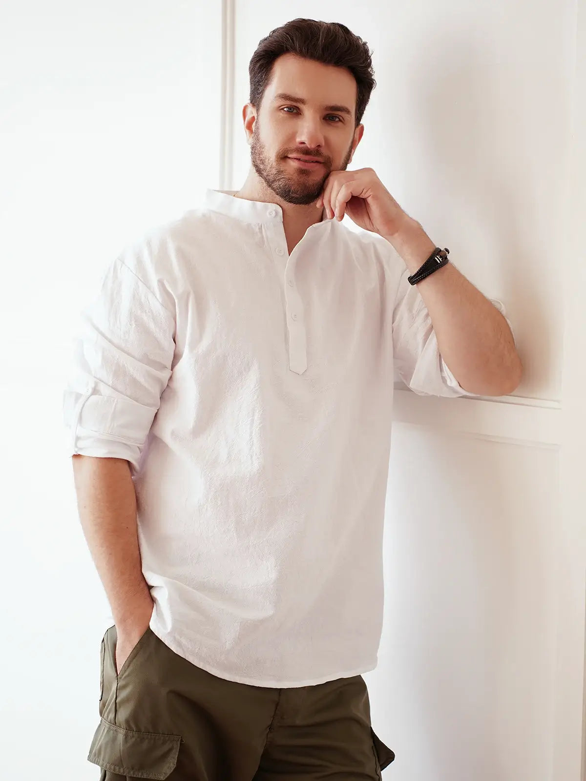 Men's Cotton Stand Collar Long Sleeve Shirt ElevenOasis