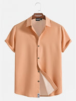 Men's Casual Linen-Feel Loose Printed Solid Color Button Short Sleeve Shirt ElevenOasis